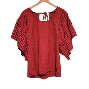 Weekend by Suzanne Betro Red & Black Plaid Flutter Sleeve Blouse Size Medium